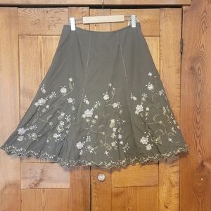 Olive Green Embroidered A-Line Midi Skirt